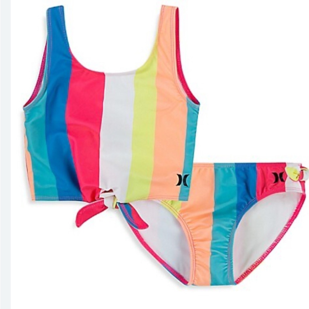Hurley Girls Pink yellow stripe Bikini Set Size XL ) UPF 50+ NWT